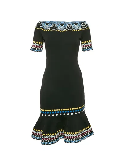Pre-owned Peter Pilotto Mini Off-shoulder Patterned Dress In Black