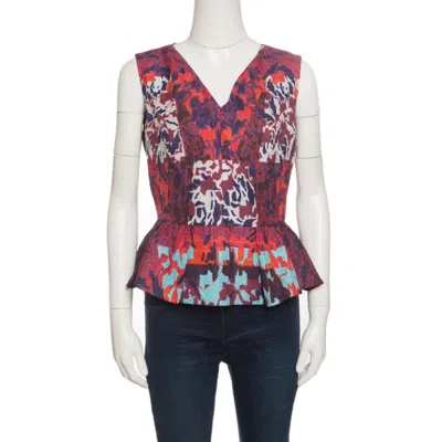 Peter Pilotto Multicolor Textured Water Orchid Print Cloque Peplum Top