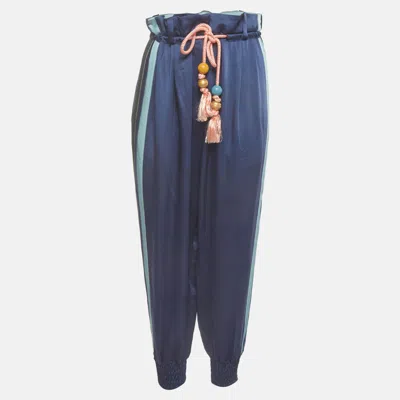 Pre-owned Peter Pilotto Navy Blue Striped Satin Tassel Belted Trousers M