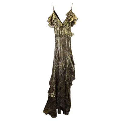 Pre-owned Peter Pilotto V-neck Ruffled Dress In Gold Silk In Black