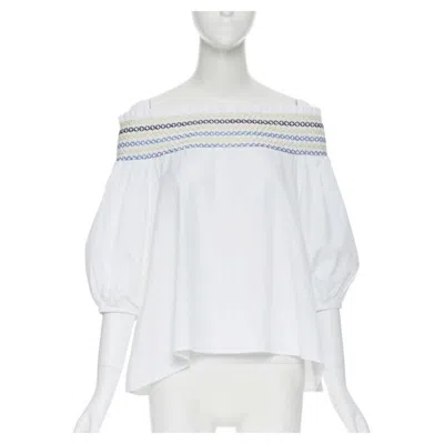 Pre-owned Peter Pilotto White Cotton Ethnic Embroidery Off Shoulder Puff Sleeve Top Uk6
