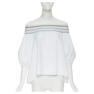 Pre-owned Peter Pilotto White Cotton Ethnic Embroidery Off Shoulder Puff Sleeve Top Uk6
