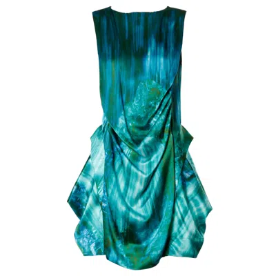 Pre-owned Peter Pilotto Y2k  Avant Garde Silk Blue Green Watercolor Photo Print Dress
