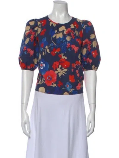 Pre-owned Peter Som Floral Print Crew Neck Blouse In Blue