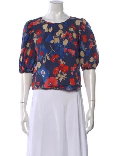 Pre-owned Peter Som Floral Print Crew Neck Blouse In Blue