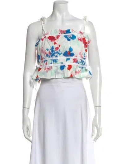 Pre-owned Peter Som Floral Print Square Neckline Crop Top In White