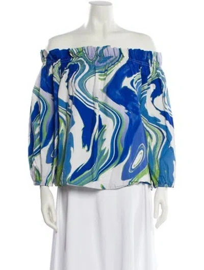 Pre-owned Peter Som Printed Off-the-shoulder Blouse In Blue