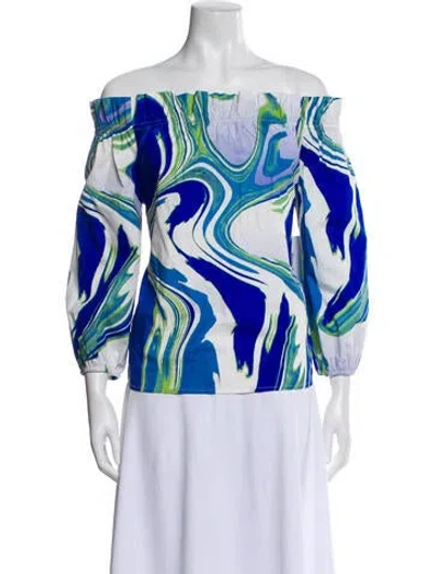 Pre-owned Peter Som Printed Off-the-shoulder Blouse W/ Tags In Blue