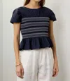 Peter Som Ruffle Smocked Short Sleeve Blouse In Navy In Blue