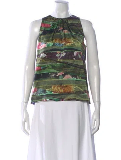 Pre-owned Peter Som Silk Floral Print Top In Green