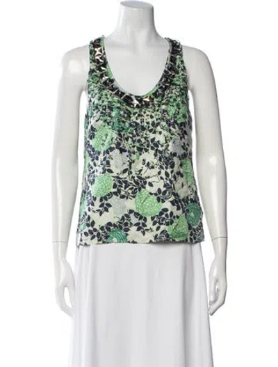 Pre-owned Peter Som Silk Floral Print Top In Green