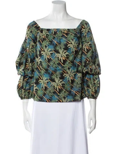 Pre-owned Petersyn Printed Square Neckline Blouse In Green