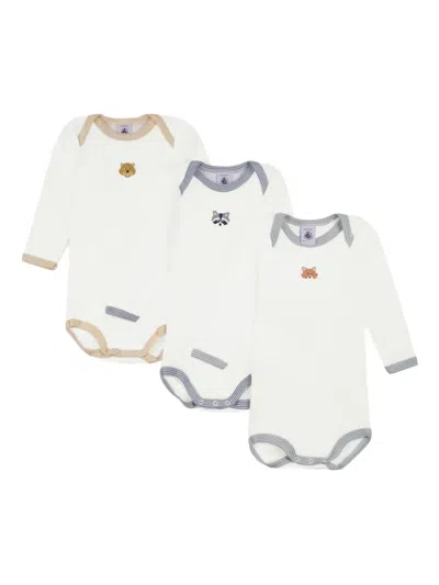 Petit Bateau Babies' Animal-embroidery Bodies (pack Of Three) In White