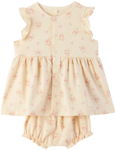 Petit Bateau Baby Yellow Floral Dress & Bloomers Set In 01 Avalanche/multico