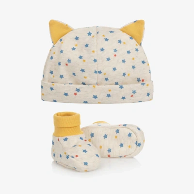 Petit Bateau Babies' Beige Stars Hat & Booties Set