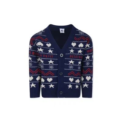PETIT BATEAU BLUE CARDIGAN FOR BOY WITH JACQUARD PATTERN