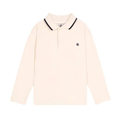 Petit Bateau Kids' Boy's Long Sleeve Polo Shirt In Cream & White In Multi