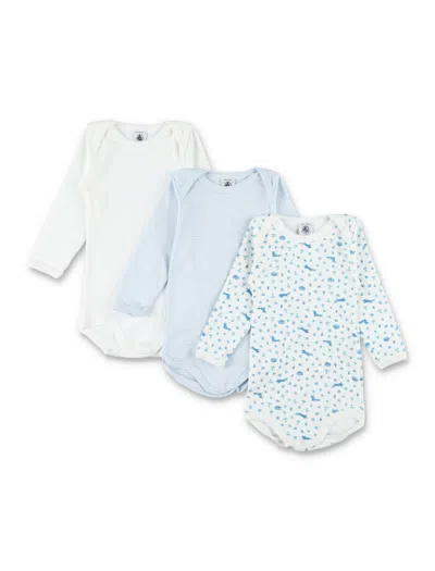 Petit Bateau Boy Ribbed Cotton Long-sleeve Bodysuit Set, Pack Of 3 In Multicolour