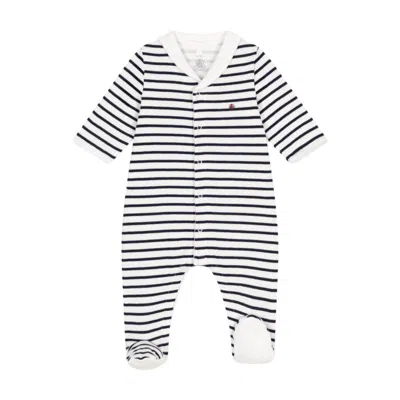 Petit Bateau Kids' Boy's Sailor Stripe Footed Jumpsuit In White Navy