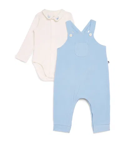 Petit Bateau Kids' Cotton Bodysuit And Dungarees Set In Blue