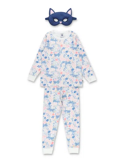 Petit Bateau Cozy Floral Pajama Set With Cat Mask For Girls In Red