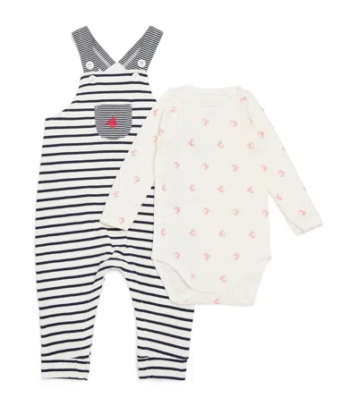 Petit Bateau Kids' Dungarees And Bodysuit Set In Blue