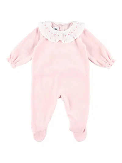 Petit Bateau Babies' Embroidered-collar Velvet Pajamas In Pink