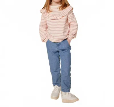 Petit Bateau Kids' Girl's Striped Sweatshirt With Ruffles In Cream Pink In Multi
