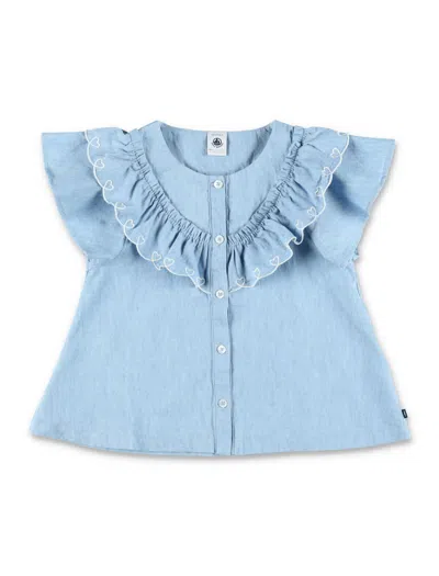 Petit Bateau Kids'  Girls Short-sleeved Cotton Blouse In Blue