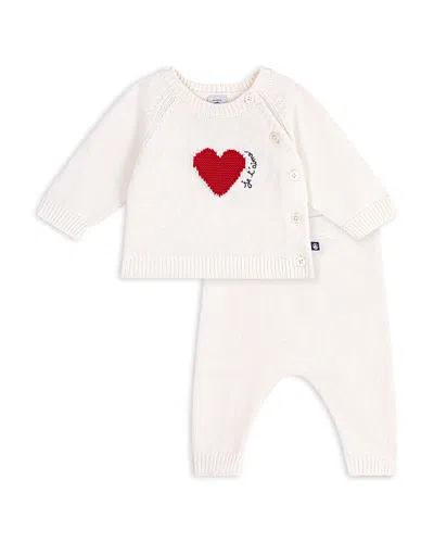 Petit Bateau Girls' Wool & Cotton Heart Sweater & Pants Set - Baby In White