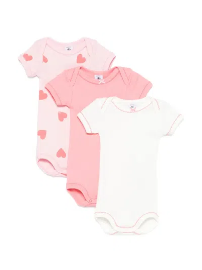 Petit Bateau Babies' Heart-print Body (set Of Three) In Pink
