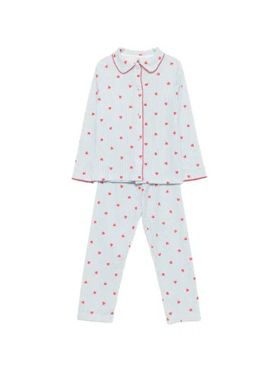 Petit Bateau Kids' Heart-print Striped Pajamas In White