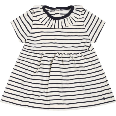 Petit Bateau Ivory Dress For Baby Girl With Blue Stripes In White