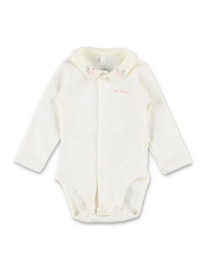 Petit Bateau Mini Floral Embroidered Cotton Bodysuit With Peter Pan Collar In Beige