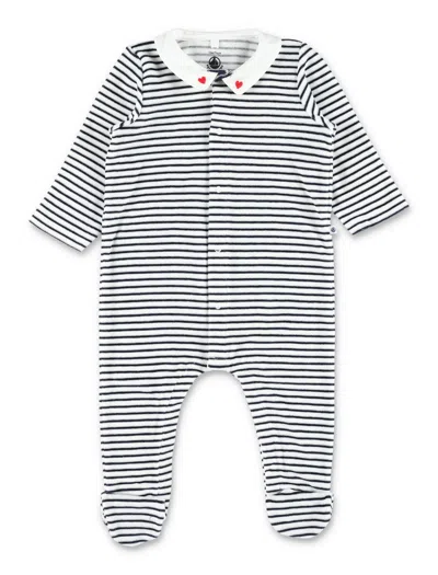 Petit Bateau Mini Striped Bouclé Velour Sleepsuit With Peter Pan Collar In White Navy Stripes