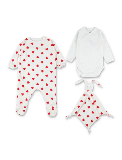 Petit Bateau Newborn 3-piece Heart Print Cotton Gift Set For Girls In White Red