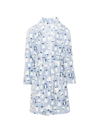 Petit Bateau Kids' Penguin-print Belted Dressing Gown In Blue