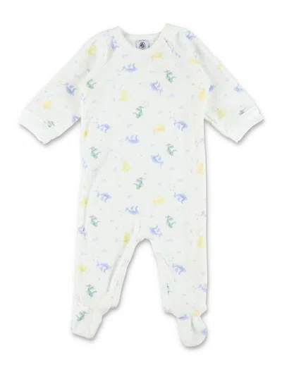 Petit Bateau Petit Boy Bouclé Velour Dragon Print Sleepsuit With Side Zip & Snap Buttons In Bianco