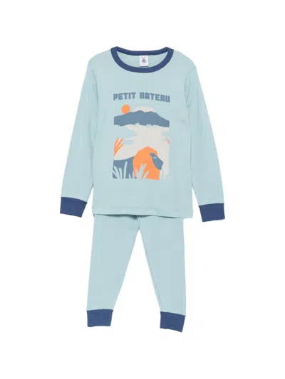 Petit Bateau Kids' Printed Trimmed Pyjama Set In Blue