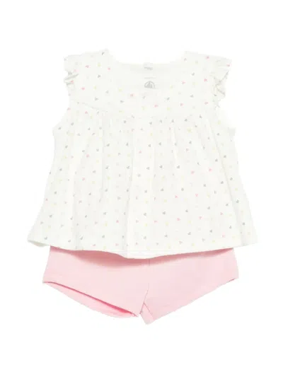 Petit Bateau Babies' Ruffled Heart-print Shorts Set In White