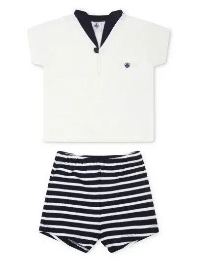 Petit Bateau Babies' Sailor-collar Shorts Set In White/blue
