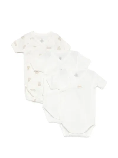 Petit Bateau Babies' Short-sleeved Printed Bodies Set (set Of Three) In White
