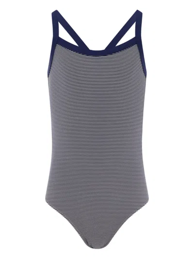 Petit Bateau Kids' Striped Cross-back Swimsuit In Gray