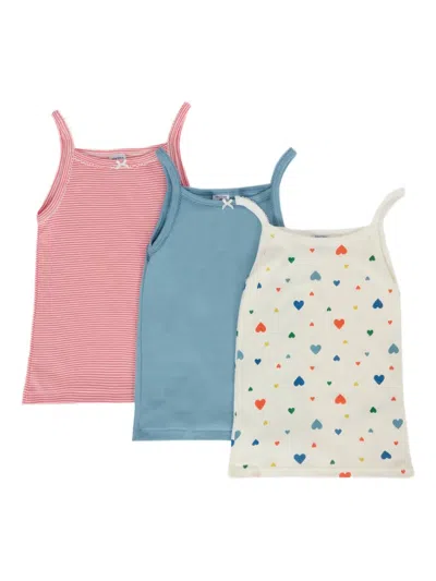 Petit Bateau Kids' Striped Heart-print Tops (pack Of Three) In Multi