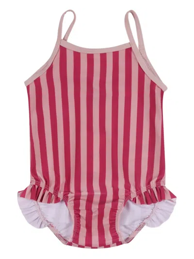 Petit Bateau Babies' Striped Ruffled Swimsuit In Red