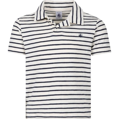 Petit Bateau Kids' White Polo Shirt For Boy With Stripes In Neutrals