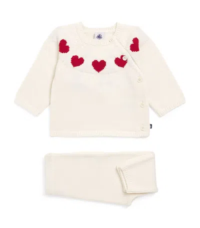 Petit Bateau Kids' Wool-cotton Heart Sweater And Leggings In Pink