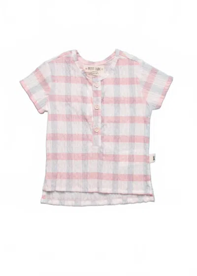 Petit Indi Kids' Girl's Woven Henley Top In Red/wht/blue In Multi