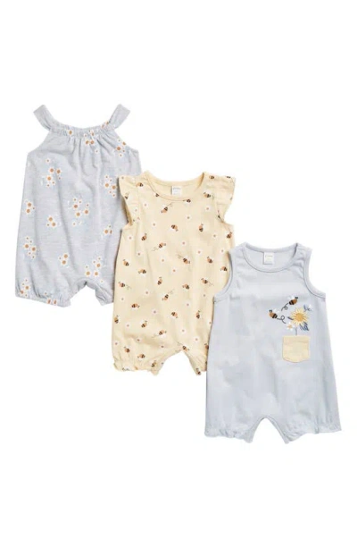 Petit Lem Babies' 3-pack Assorted Rompers In Light Blue Bees