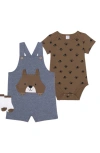 Petit Lem Babies' 3-piece Overall Set In Blue Brown Dog